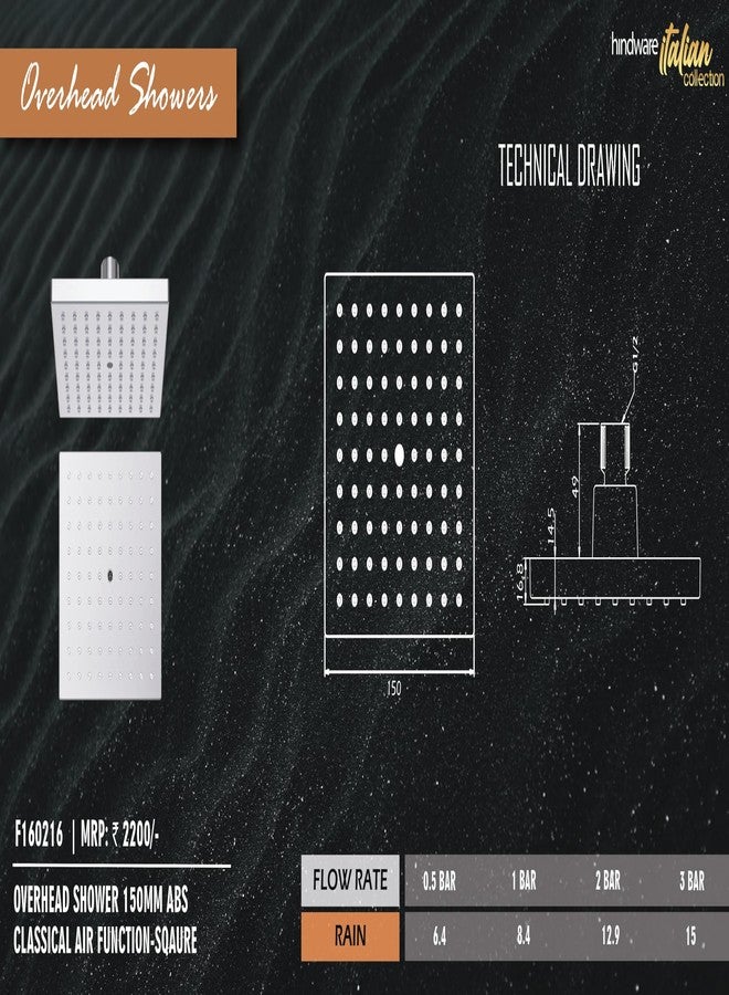 Hindware Italian Collection F160216CP Classical Air Function Overhead Shower for Bathroom | 150mm - Square Shape | Made of ABS | Works in 0.5-3.0 Bar Pressure - Image 3